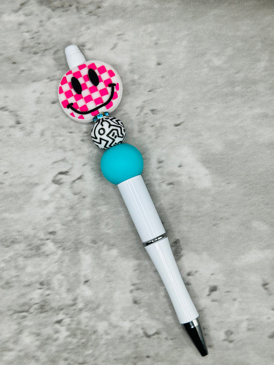 'Pink-Checkered Smiley Face' Plastic Pen